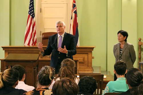 Chief Justice Mark Recktenwald and Intermediate Court of Appeals Associate Judge Lisa Ginoza with homeschool students commemorating Constitution Day 2016.