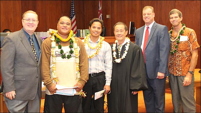 Pictured above from left to right are criminal defense attorney, Jonathan Burge, Graduate Asotau Uikirifi, Graduate Joseph Unpingo, Judge David Lo, DUI defense attorney and DWI Court Committee Member R. Patrick McPherson, and Graduate John Morgan.  