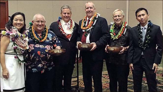 Photo Left to right: Jodi Kimura Yi, 2016 HSBA President, 2015 President Elect; Jay Fidell, recipient of the 2015 HSBA President’s Award; Gregory Markham, Hawaii State Bar Association President; Judge Steven Alm, recipient of the 2015 HSBA Golden Gavel Award; Thomas Huber recipient of the 2015 HSBA Malama Award; Ryan Hew, 2016 Young Lawyer’s Division President, 2015 Vice President/ President Elect.