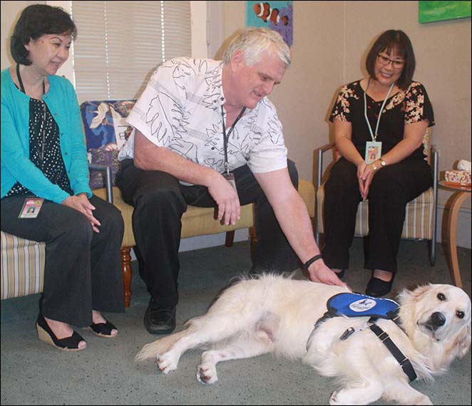 Children Justice Center’s (CJC) Director Jasmine Mau-Mukai, Chief Justice Mark Recktenwald, and CJC of Oahu’s Program Director Julie Buto (Jake’s handler), and “Jake” the facility dog.