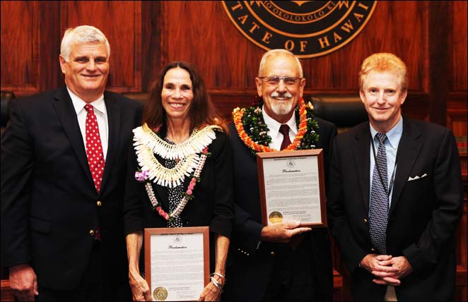 Chief Justice Mark Recktenwald and First Circuit Senior Family Court Judge Mark Browning expressed their appreciation to Mediation Center of the Pacific Director Tracey Wiltgen and Attorney William Darrah for the valuable service they are providing to divorcing couples as volunteer speakers for the Divorce Law in Hawaii program.
