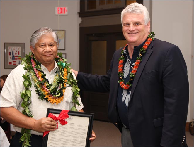 On February 21, Chief Justice Mark Recktenwald presented Associate Justice Simeon R. Acoba, Jr., with a Proclamation declaring February 28, 2014--his last day at the Judiciary prior to becoming a retiree--as Simeon R. Acoba, Jr., Day.