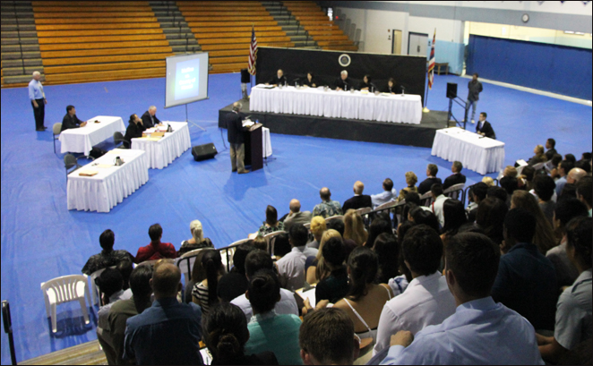 Approximately 600 students watched a Hawaii Supreme Court oral argument in Kailua-Kona. After the proceeding, the students had the opportunity to participate in a question-and-answer session with the justices. 