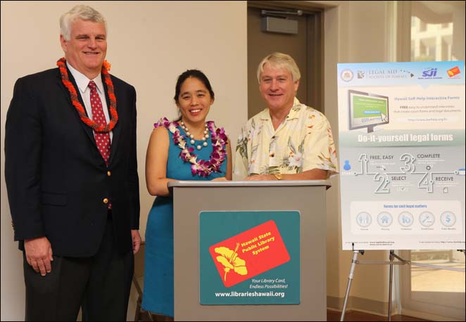 Chief Justice Mark Recktenwald, M.Nalani Fujimori Kaina, Executive Director of Legal Aid Society of Hawaii, and State Librarian Richard Burns introducing software that helps expand access to the courts in libraries statewide. 