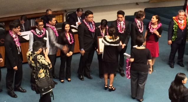 The students of Mililani High’s Advanced Placement Government and Politics class, and their teacher, Dr. Amy Perruso, were recognized by legislators as the state finalist in the “We the People” program. 