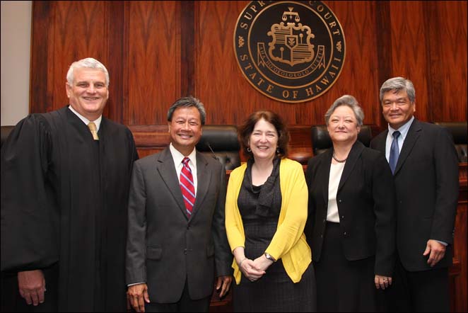 Pictured from left to right: Chief Justice Mark Recktenwald administered the oath of office to  First Circuit District Court Judges Clarence Pacarro and Hilary Benson Gagnes, Intermediate Court of Appeals Associate Judge Alexa Fujise and First Circuit Court Judge Bert Ayabe. 