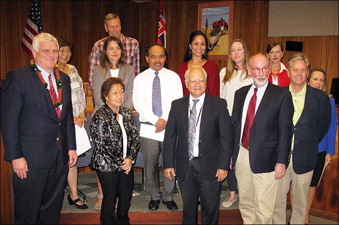 First row, left to right:  Hawaii Supreme Court Chief Justice Mark Recktenwald, Second Circuit Judge Rhonda Loo, Second Circuit Chief Judge Joseph Cardoza, Intermediate Court of Appeals Associate Judge Dan Foley, HSBA President Greg Markham, Tracy Jones.  Second row, left to right:  Caroline Peters-Belsom, Magdalena Bajon, Ben Acob, Brianne Wong-Leong, Allison Mileur, Keri Mehling.  Back row:  J. Kevin Jenkins. 