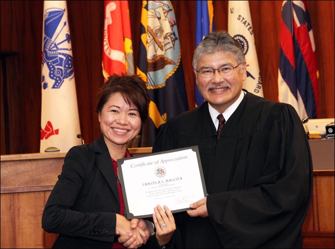Chavela Balcita was recognized by Circuit Court Judge Edward Kubo for her work with local veterans.