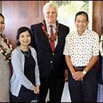 Crystal Brown, a child abuse survivor; Jasmine Mau Mukai, CJC Director; Chief Justice Mark Recktenwald, Hawaii State Supreme Court; Calvin Pang, President, Friends of the CJC-Oahu; and Kathy Muneno Thompson, program moderator and Friends of the CJC-Oahu Board Member.