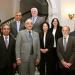 Justices of the Hawaii Supreme Court with Justices from the courts of India, on staircase inside of Aliiolani Hale (the Hawaii Supreme Court building).