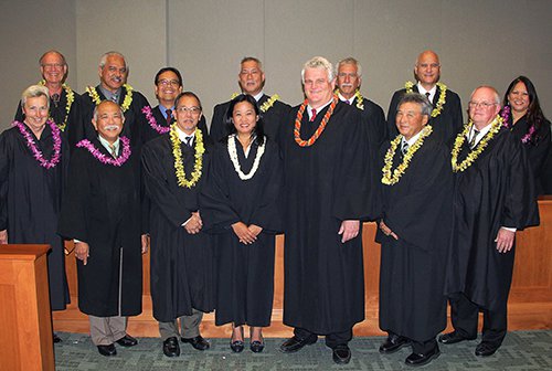 Chief Justice Mark Recktenwald poses with Judge Nagata and colleagues.
