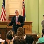 Chief Justice Mark Recktenwald and Intermediate Court of Appeals Associate Judge Lisa Ginoza with homeschool students commemorating Constitution Day 2016.