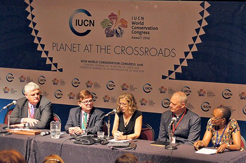 Left to right: Hawaii Supreme Court Chief Justice Mark Recktenwald; National High Court of Brazil Justice Antonio Benjamin; IUCN Director-General Inger Andersen; Hawaii Supreme Court Associate Justice Michael Wilson; and UNEP Division of Environmental Law and Conventions Director Elizabeth Mrema on the IUCN “Judges and Nature” colloquium panel. (Photo courtesy of Nick Bryner)