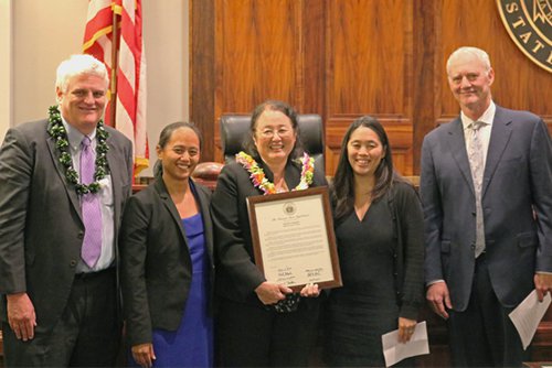 Arlette Harada was recognized at the 2016 Pro Bono Celebration for volunteering more than 100 hours at the Access to Justice Room.  Legal Aid Society of Hawaii recognized her for holding the record for the most volunteer hours this year!  Pictured from left to right is Chief Justice Mark Recktenwald, Representative Della Au Belatti, Arlette Harada, Nalani Kaina, and Justice Michael Wilson.