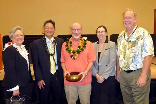 Hawaii Intermediate Court of Appeals Associate Judge Alexa Fujise (left), Chief Judge Craig Nakamura, Associate Judge Katherine Leonard, and Associate Judge Lawrence Reifurth (right) celebrate Associate Judge Daniel R. Foley’s (center) selection for the Hawaii State Bar Association’s 2016 Ki'e Ki'e Award.