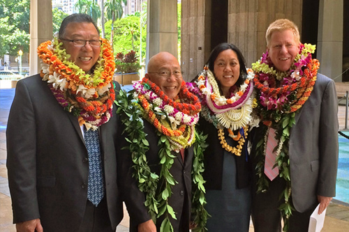 Judge Derrick Chan, Keith Hiraoka, Judge Catherine Remigio, and Todd Eddins after the Senate Confirmation hearing, March 3, 2017.