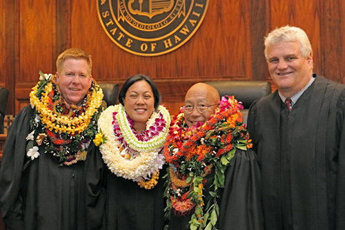Photograph of three newly sworn in First Circuit Court judges--Todd Eddins, Catherine Remigio and Keith Hiraoka.