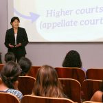 Intermediate Court of Appeals Associate Judge Lisa Ginoza with 6th grade students visiting the Judiciary History Center, Sept. 13, 2017.