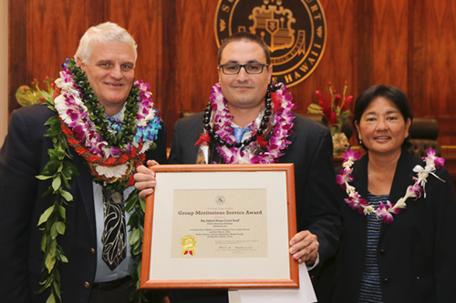 Chief Justice Mark E. Recktenwald, Dustin Cueva, Judge Lisa Ginoza at the 09/22/2017 Judiciary Statewide Incentive Awards.