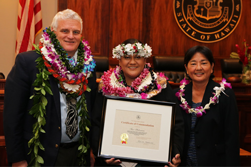 Chief Justice Mark E. Recktenwald, Star Haleamau, Judge Lisa Ginoza at the 09/22/2017 Judiciary Statewide Incentive Awards.