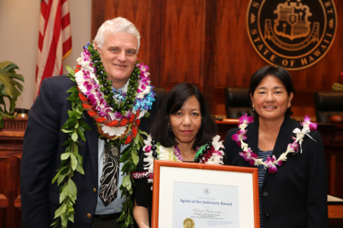 Chief Justice Mark E. Recktenwald, Sudarat Pindavanija, Judge Lisa Ginoza at the 09/22/2017 Judiciary Statewide Incentive Awards.