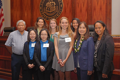 Photograph of the winners of the Hawaii Access to Justice Commission's 2017 essay and video contest, October 26, 2017.