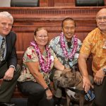 Chief Justice Mark Recktenwald, Deborah & Leonard Chong, therapy dog Pohaku, Administrative Director of the Courts Rodney Maile, 09-29-2017 Volunteer Recognition Ceremony.