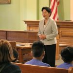 Hawaii Intermediate Court of Appeals Associate Judge Lisa Ginoza greets students visiting Hawaii Supreme Court Building, 03/08/2018