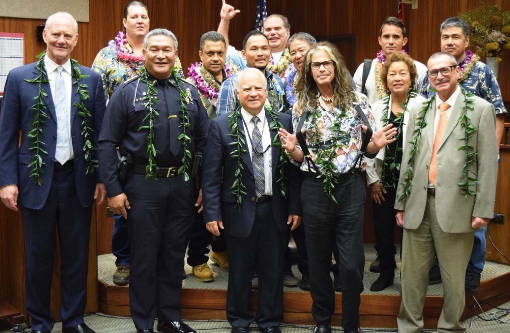 A group photograph of Hawaii Judiciary staff and partners with the Maui Drug Court Graduates. Rock star Steven Tyler also attended the event on Feb. 15, 2018.