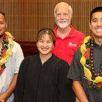 Honolulu DWI Court Judge Melanie May and Mr. Arkei Koehl of Mothers Against Drunk Driving (MADD) with two DWI Court graduate, May 10, 2018.