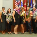 Associate Justice Michael Wilson, Judge Kathleen Watanabe, Chief Judge Randal Valenciano, and Deputy Chief Judge Michael Soong with six graduates of the Kauai Drug Court Program, in front of the 5th Circuit courtroom bench, 05/18/2018.