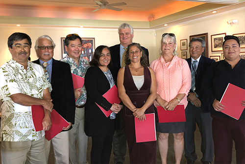Hawaii Supreme Court Chief Justice Mark Recktenwald and Third Circuit Chief Judge Greg Nakamura with 7 attorneys at the Hilo Yacht Club, for the Hawaii County Bar Association’s annual meeting, 01/28/2019.