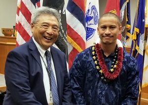 Third Circuit Chief Judge and Veterans Treatment Court Judge Greg Nakamura is all smiles as he congratulates the program’s 12th graduate during a February 7, 2019 ceremony.