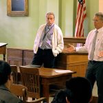 Hawaii First Circuit Judges James C. McWhinnie and James H. Ashford speak with students from Kawananakoa Middle School in the 1913 Courtroom the Hawaii Supreme Court Building, Ali iolani Hale, 03/07/2019.