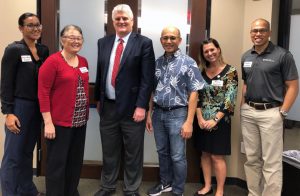 Pictured here are Daylin-Rose Heather, Arlette Harada, Chief Justice Mark E. Recktenwald, Gilbert Doles, Dana Barbata, and Sergio Alcubilla. Four of them were recognized for volunteering in the Access to Justice Room at Honolulu District Court.