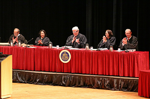 Hawaii Supreme Court Justices giving a round of applause from the bench, Kauai Community College Performing Arts Center, 04-10-2019.