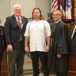 Fifth Circuit Judge Kathleen Watanabe, Chief Justice Mark Recktenwald, Fifth Circuit Chief Judge Randal Valenciano, District Court Judge Edmund Acoba with Kauai Veterans Treatment Court’s first graduate, 05/17/2019.