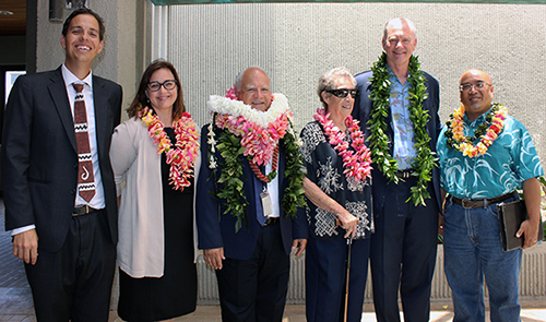 Photo of From left, Lance D. Collins, Marti Townsend, Second Circuit Chief Judge Joseph Cardoza, Jan Dapitan, Associate Justice Michael Wilson, and Maui Sen. Gil Keith-Agaran.