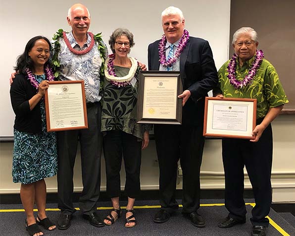 Photo of Avi Soifer, Dean of the University of Hawaii William S. Richardson School of Law, was honored at the June 7, 2019 Hawaii Access to Justice Conference. From left, Rep. Della Au Belatti, Avi Soifer, his wife, Marlene Booth, Chief Justice Mark E. Recktenwald, and Associate Justice Simeon Acoba (ret.)