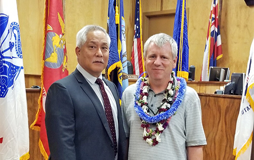 Judge Melvin Fujino with Big Island Veterans Treatment Court’s 14th graduate 06/17/2019.