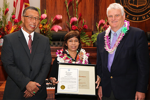 Natalie Ragmat, Judicial Clerk V, in the First Circuit (Ohau) Honolulu District Court, Legal Documents Branch 2, with Intermediate Court of Appeals Associate Judge Derrick H.M. Chan and Hawaii Supreme Court Chief Justice Mark E. Recktenwald, in the Supreme Court courtroom, 09/30/2019.