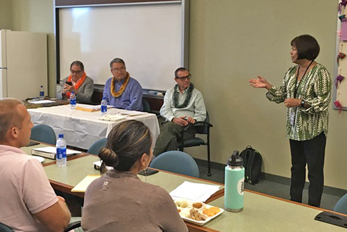 Discussion / training facilitators Bob Toyofuku, Kauai Deputy Attorney General Russell Goo, Second Circuit Court Judge Peter Cahill and Fifth Circuit Court Arbitration Judge Kathleen Watanabe at Kauai’s 30th Annual Court Annexed Arbitration Program (CAAP) Conference, September 27, 2019.