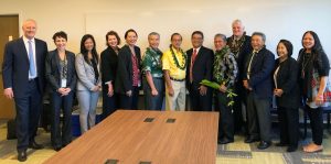 Photo of justices, Third Circuit Court judges, Gov. Ige, and Kahu Danny Akaka, Jr. at the blessing of the Keahuolu Courthouse.