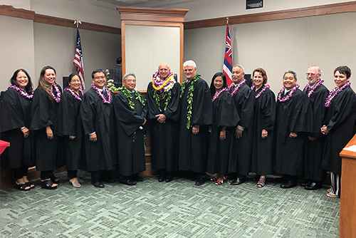 Third Circuit judges with Hawaii Supreme Court Chief Justice Mark E. Recktenwald, in a courtroom at the Hale Kaulike Courthouse in Hilo, Hawaii, November 4, 2019.