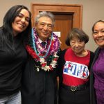 Jessica Mae Caravalho, Drug Court graduate and Friends of the Big Island Drug Court Secretary; Third Circuit Chief Judge Greg Nakamura, Irene Nagao, Friends Board member; and Michelle Manalo, graduate and Friends Treasurer, in a courtroom at the Hilo Courthouse, 11/14/2019