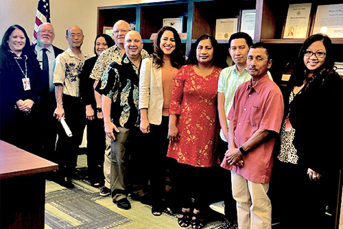 Judge Masunaga and Judge Joseph Florendo, with Debi Tulang-DeSilva and Melody Kubo of the Judiciary’s Office of Equality and Access to the Courts, host Seven court interpreters at the Keahuolu Courthouse, 03/04/2020.