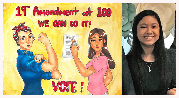 Drawing of Rosie the Riveter and a woman voter by artist Alejah Callorina.