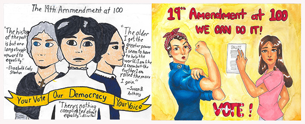 Drawing of three women who played a role in the Women’s Suffrage Movement with a quote from each by artist Sanoe H., (left), and drawing of Rosie the Riveter and a woman voter by artist Alejah Callorina, (right).