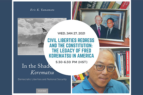 Photo collage featuring the cover of the book “In the Shadow of Korematsu: Democratic Liberties and National Security” by Eric K. Yamamoto.