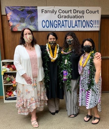 Four women in dresses and wearing masks